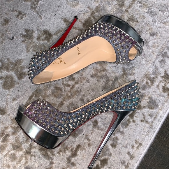 Christian Louboutin Lady Peep Spike Silver SZ 38.5 - Picture 2 of 8